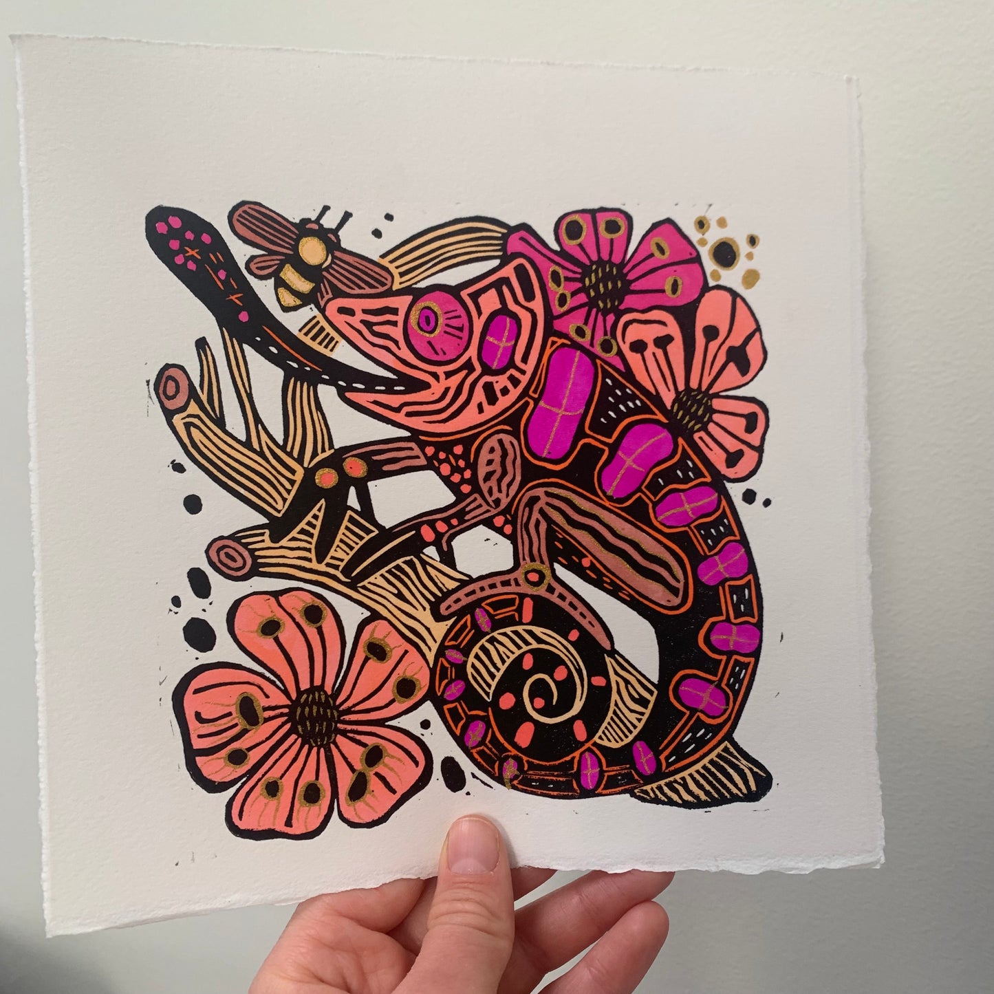 Pretty Handpainted chameleon linocut