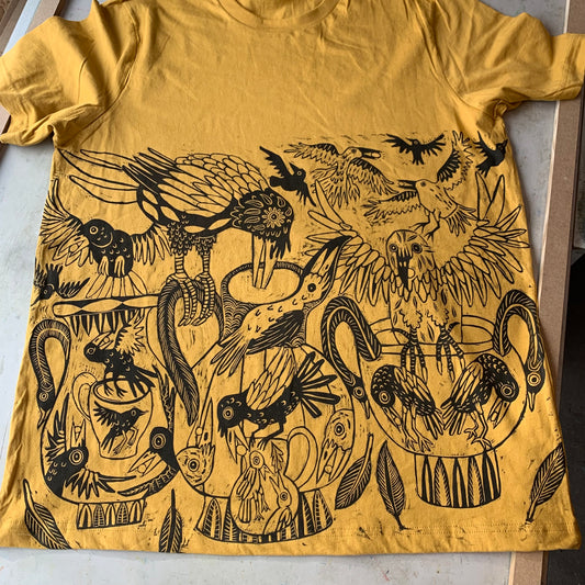 Sold out for now Mustard color handprinted crow and pitcher shirt