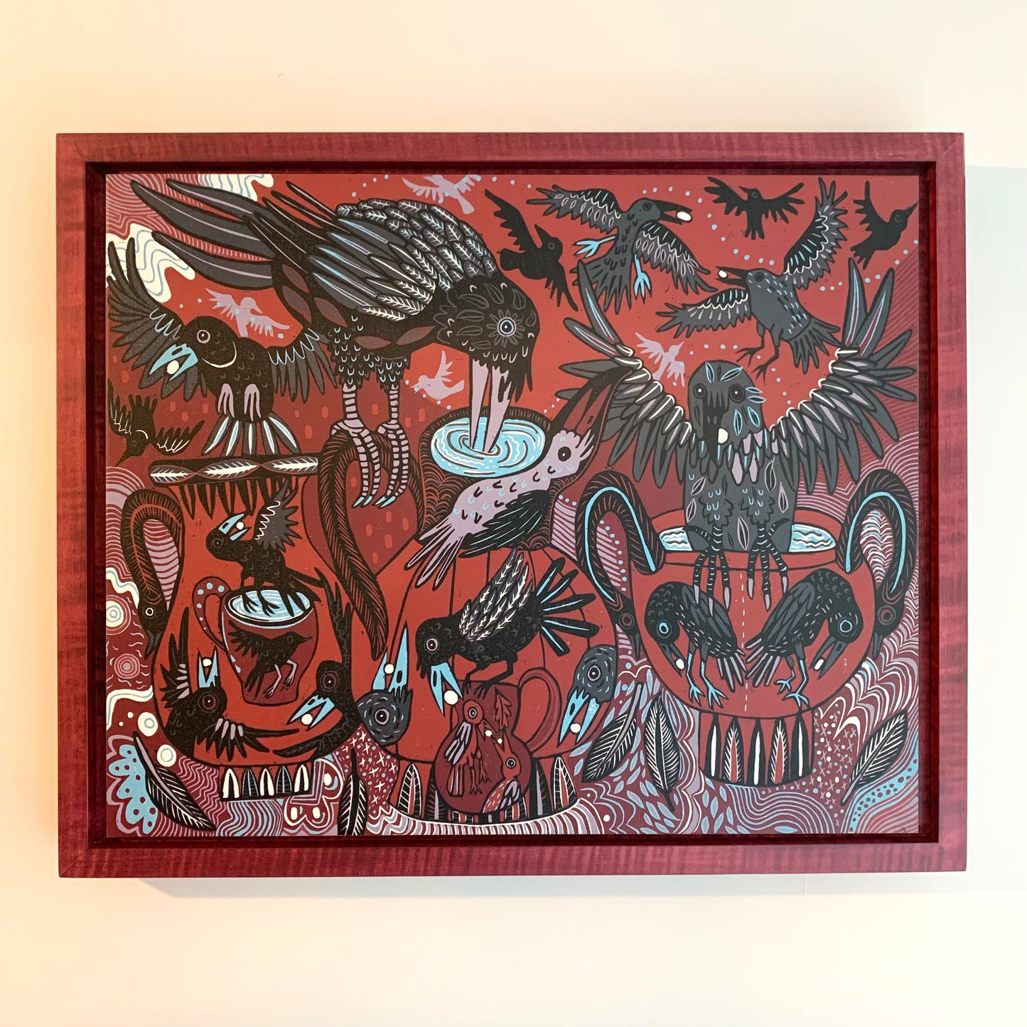 Thirsty crow woodcut framed in red