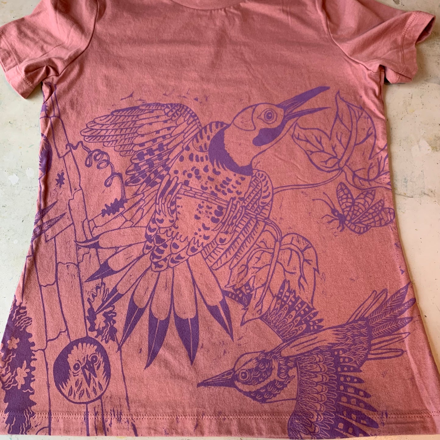 Handprinted northern flicker shirt pre-order will ship around April 20