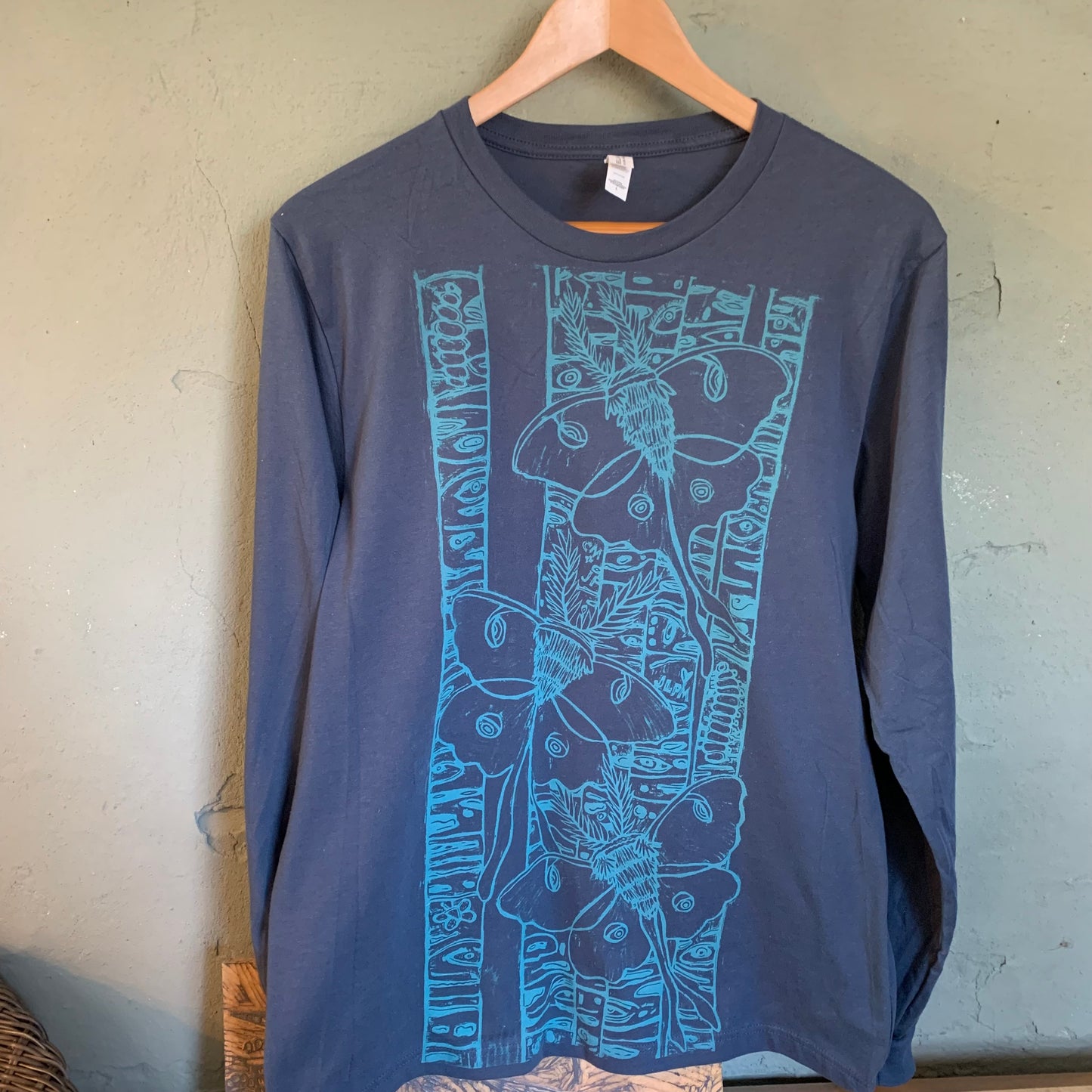 Denim color handprinted long sleeve luna moth shirt pre-order will ship around April 20