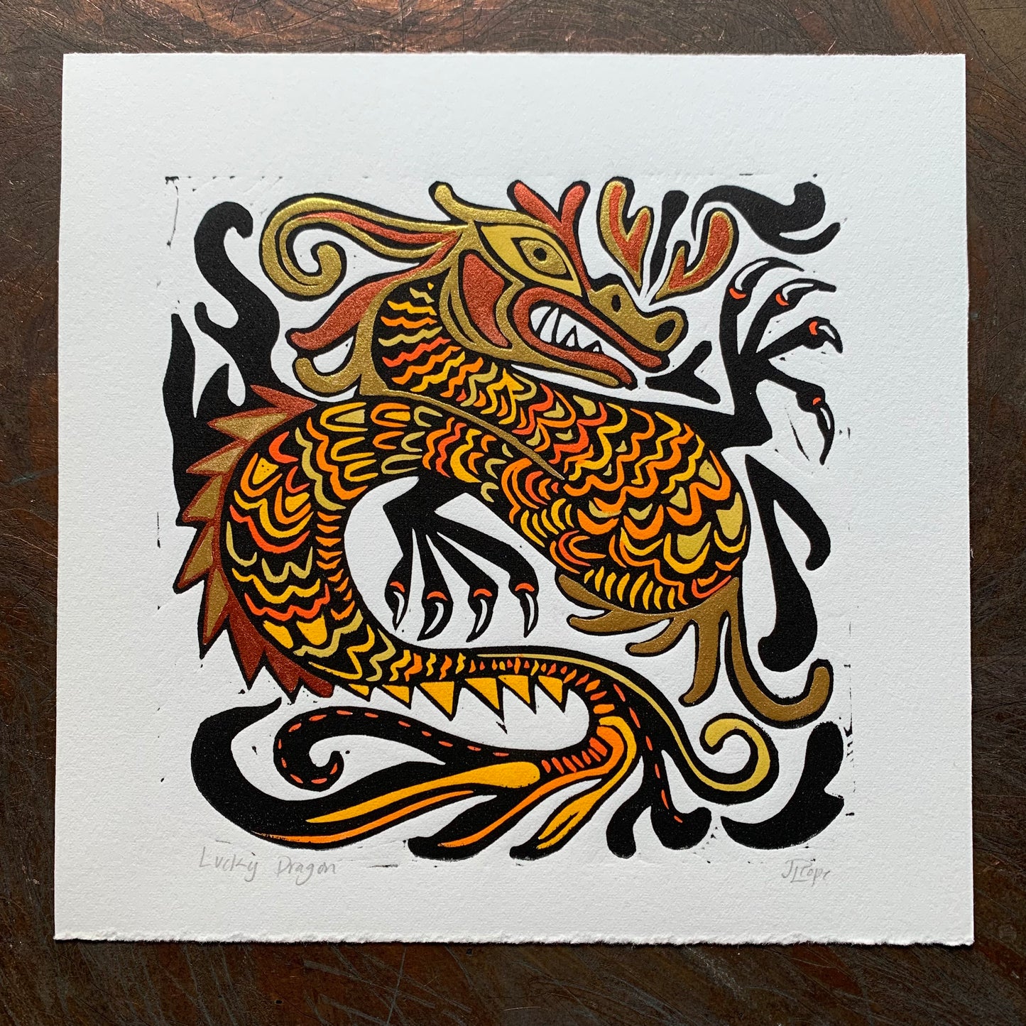 Orange Dragon Linocut