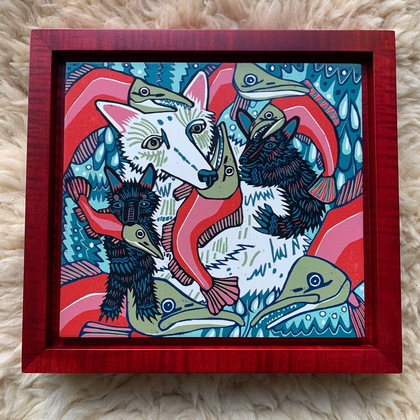 Spirit bear framed in red