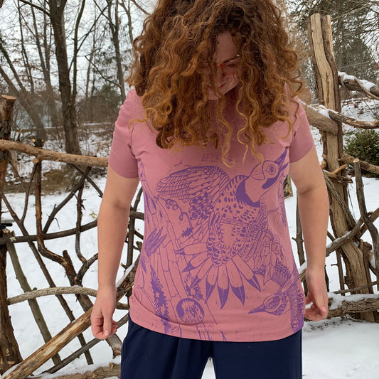 Handprinted northern flicker shirt pre-order will ship around April 20