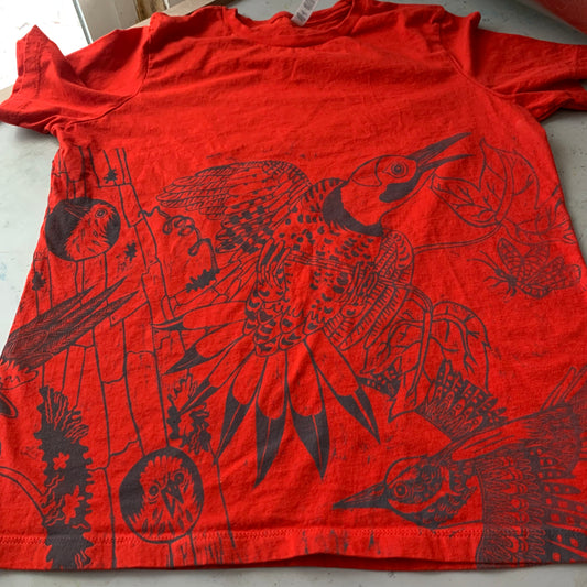 Red size L handprinted northern flicker shirt