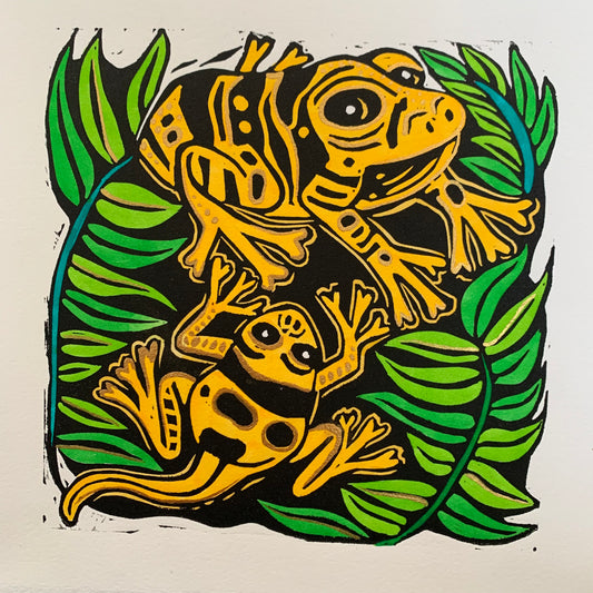 Yellow dart frog linocut