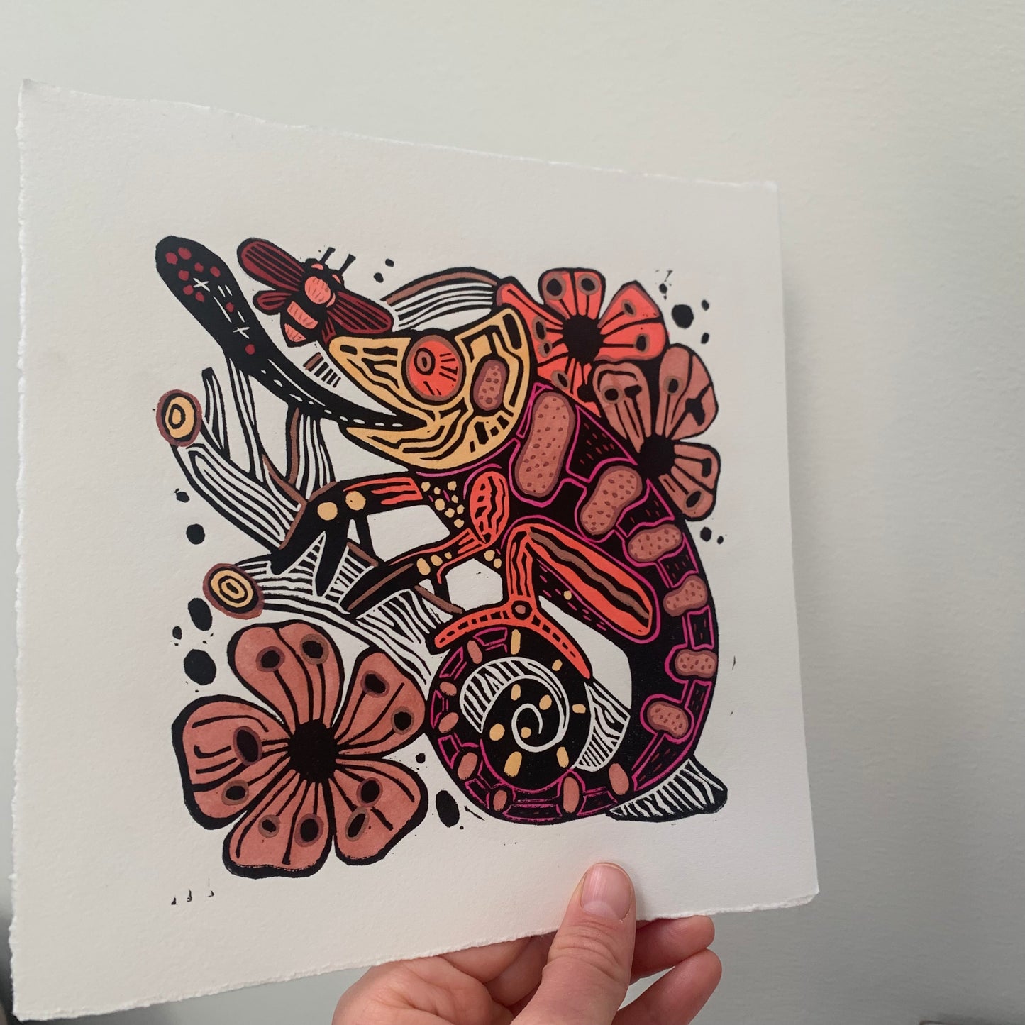 Pink tones Handpainted chameleon linocut