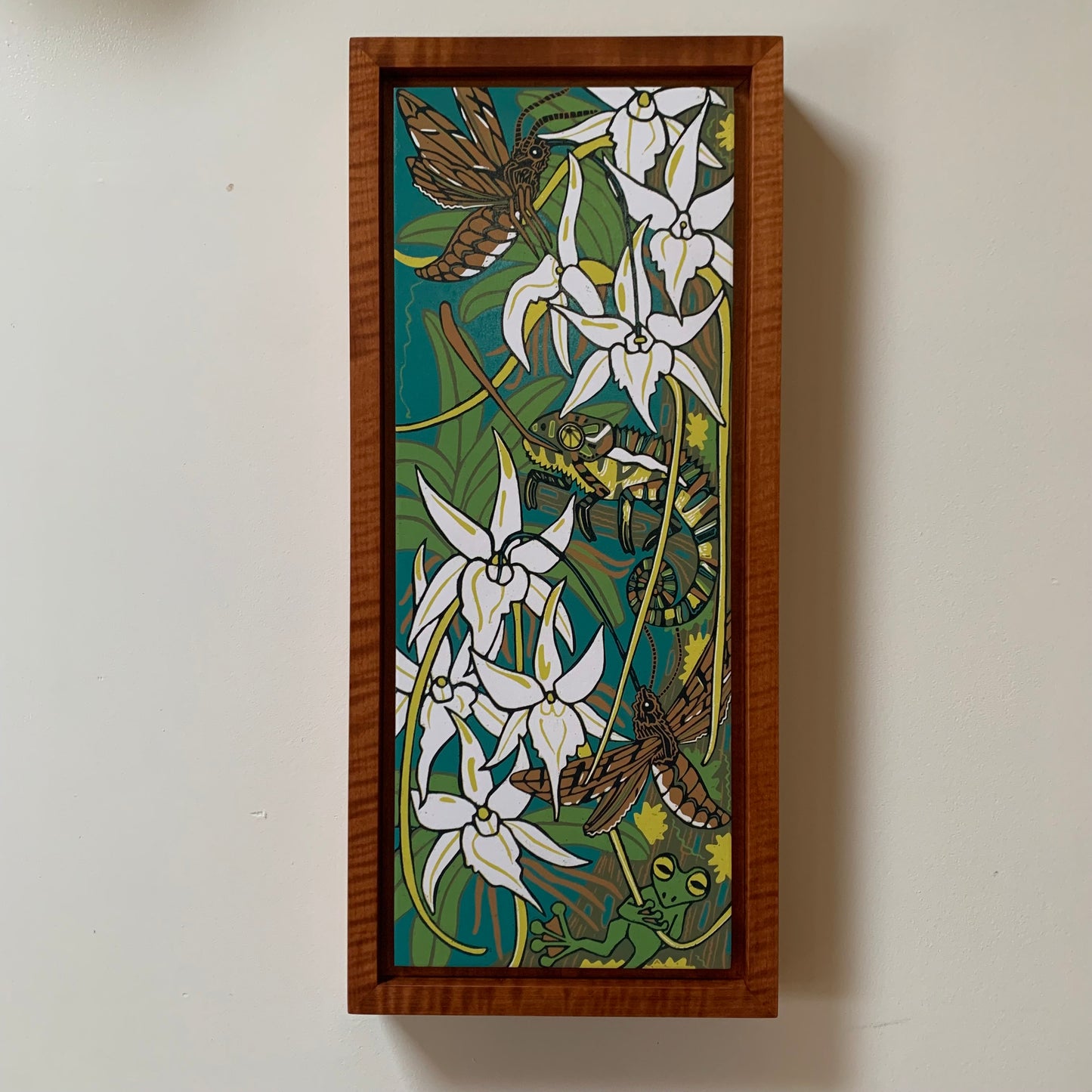 Darwins orchid woodcut framed in nutmeg natural curly maple