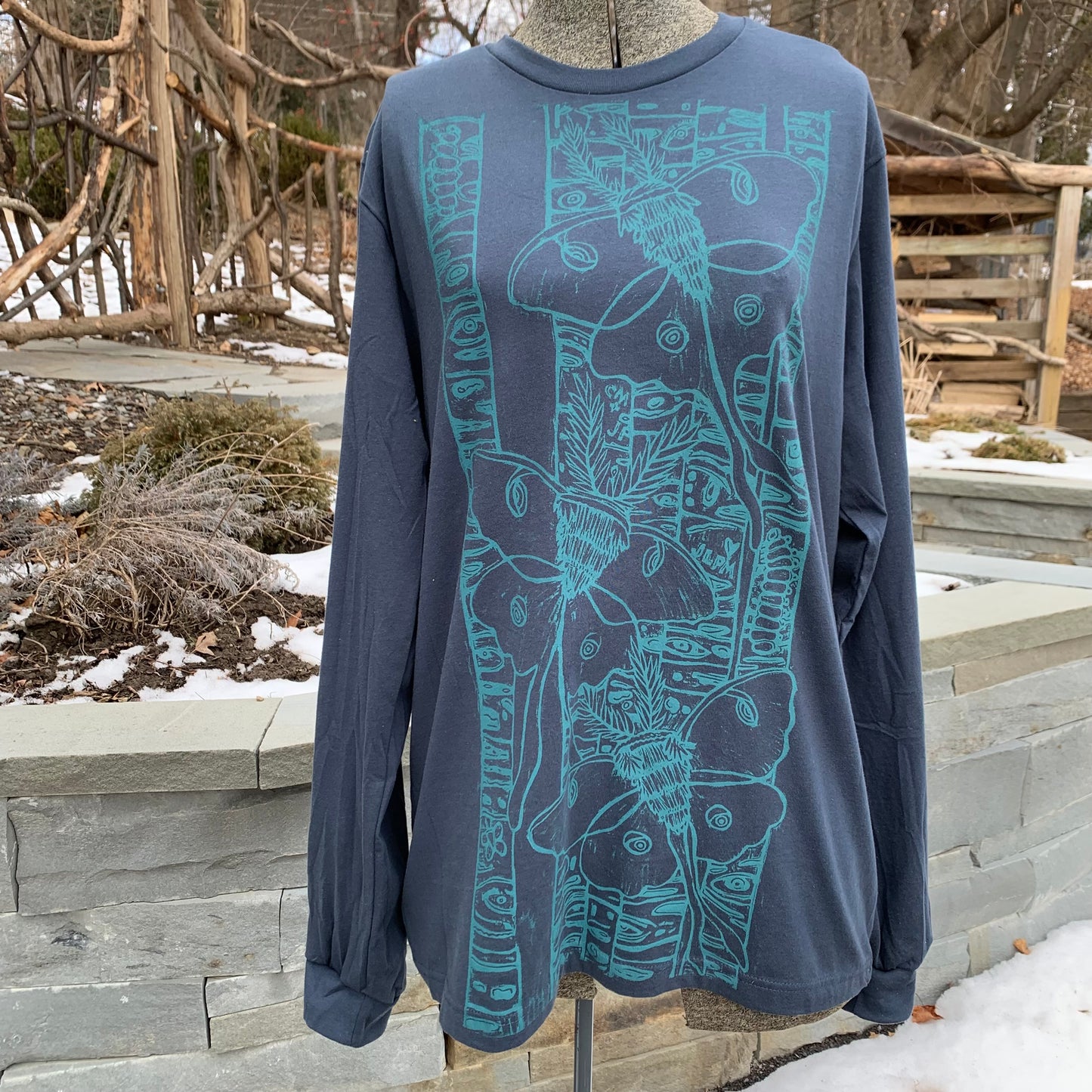 Denim color handprinted long sleeve luna moth shirt pre-order will ship around April 20