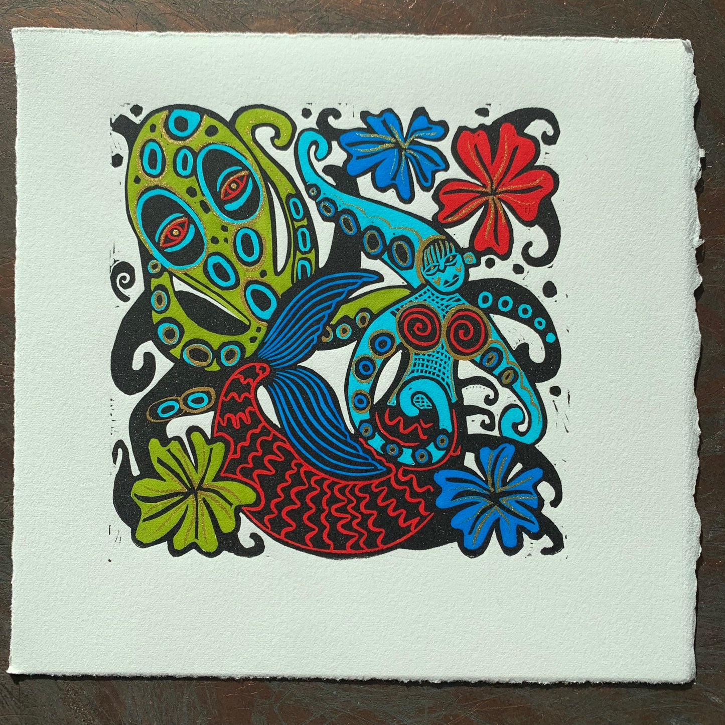 Colorful Octopus and octoperson Linocut