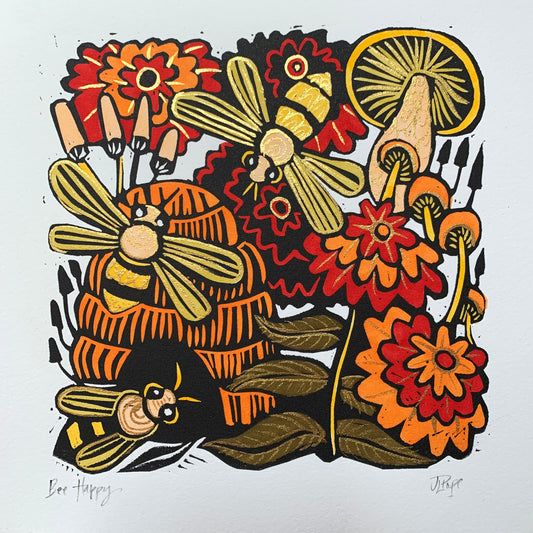 Shiny Bees and floral Linocut