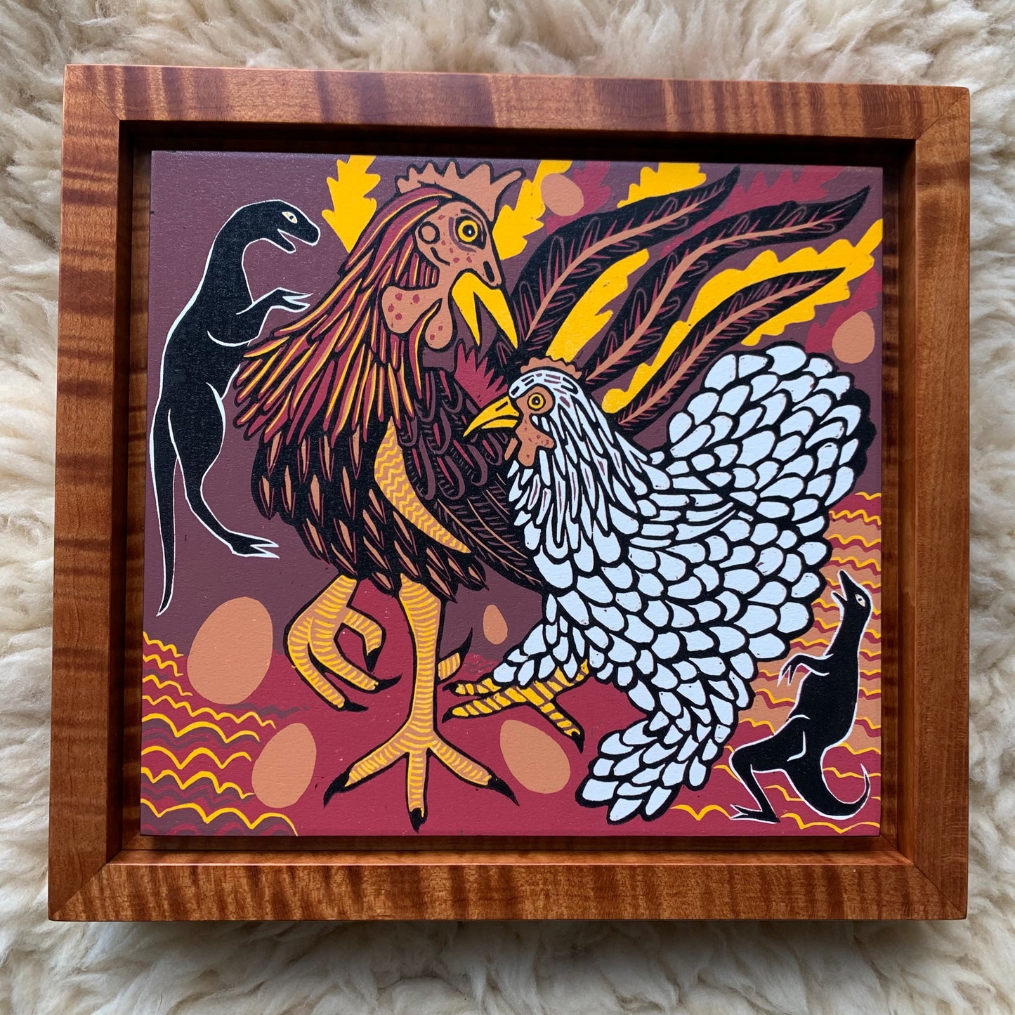 Pre-order Chicken woodcut framed in nutmeg warm brown solid tiger maple wood