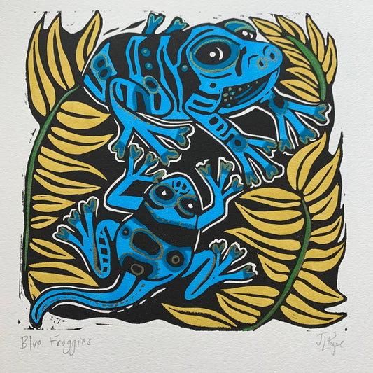 Handpainted blue frog linocut