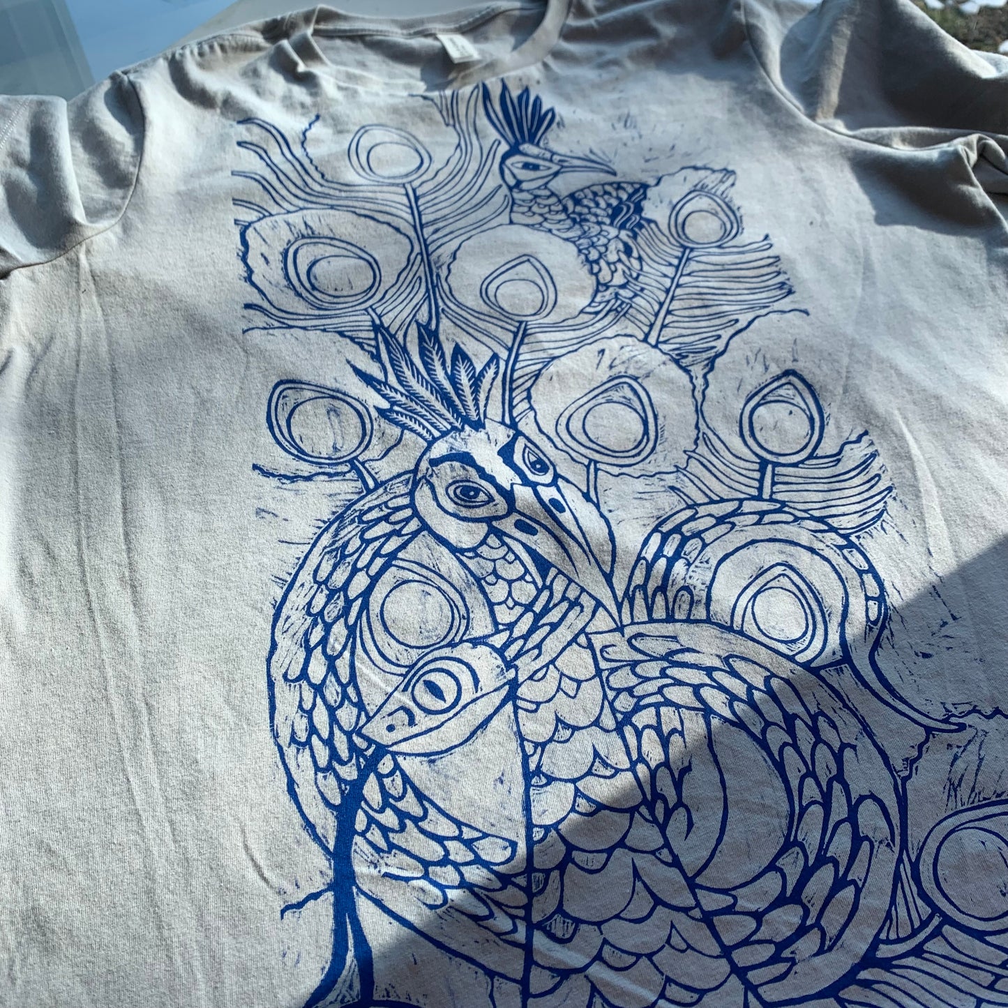 Slate color handprinted peacock shirt pre-order will ship around April 20