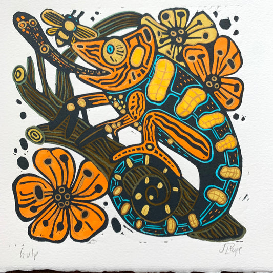 Blue and orange Handpainted chameleon linocut