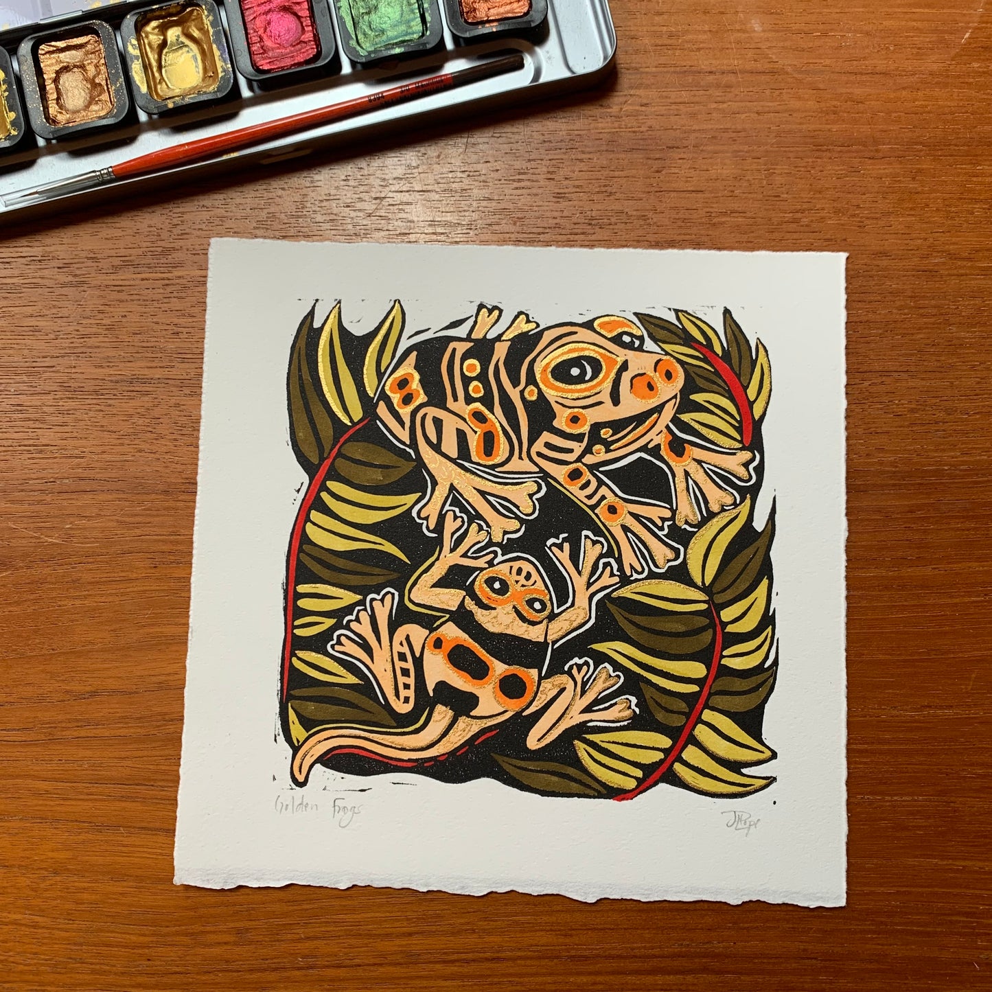 Handpainted yellow shiny frog linocut