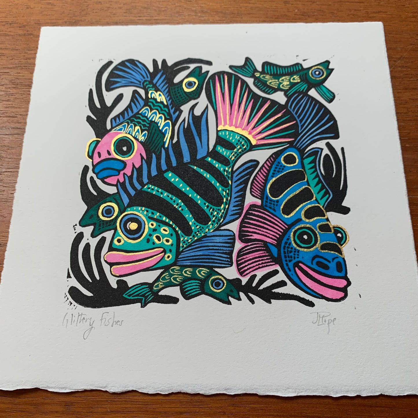 Cichlid inspired Linocut blue tones