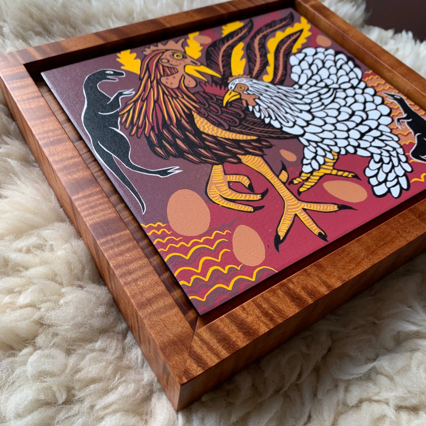 Pre-order Chicken woodcut framed in nutmeg warm brown solid tiger maple wood