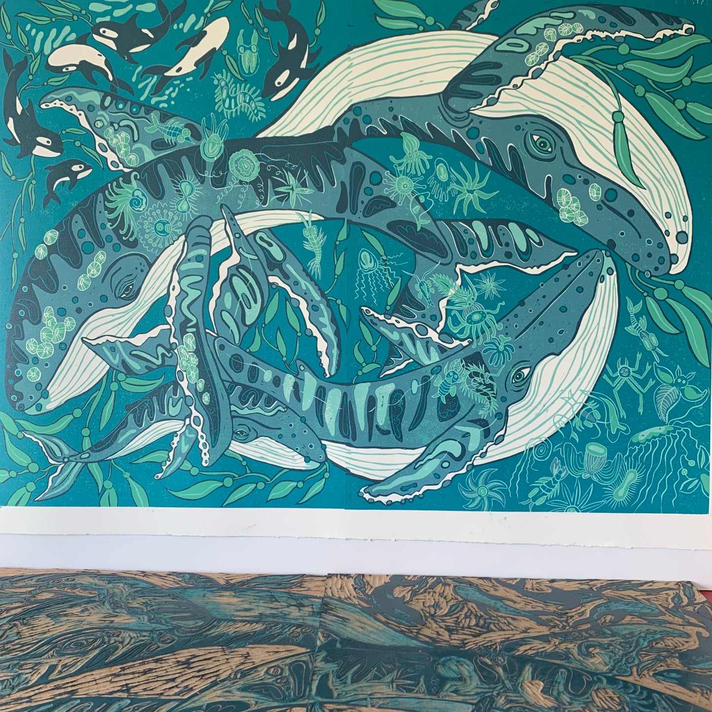 LAST ONE UNFRAMED Large humpback whale and plankton Woodcut