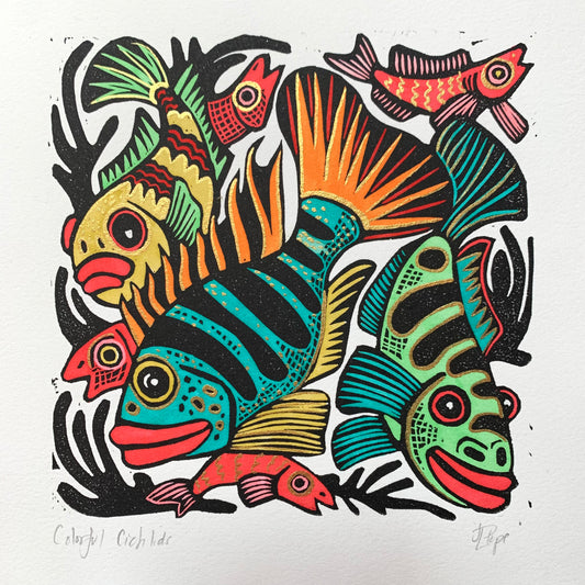 Colorful Cichlid inspired Linocut