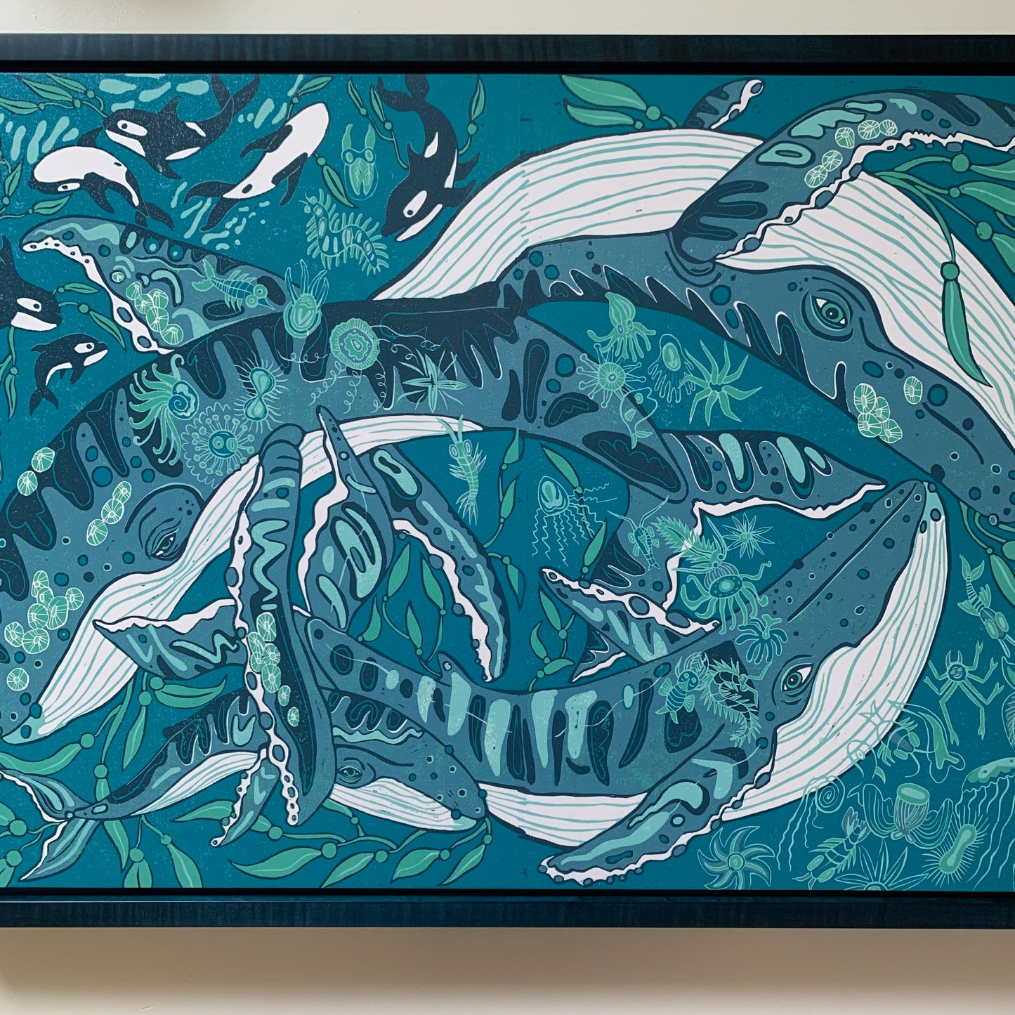 Humpback whale and woodcut framed in blue or natural