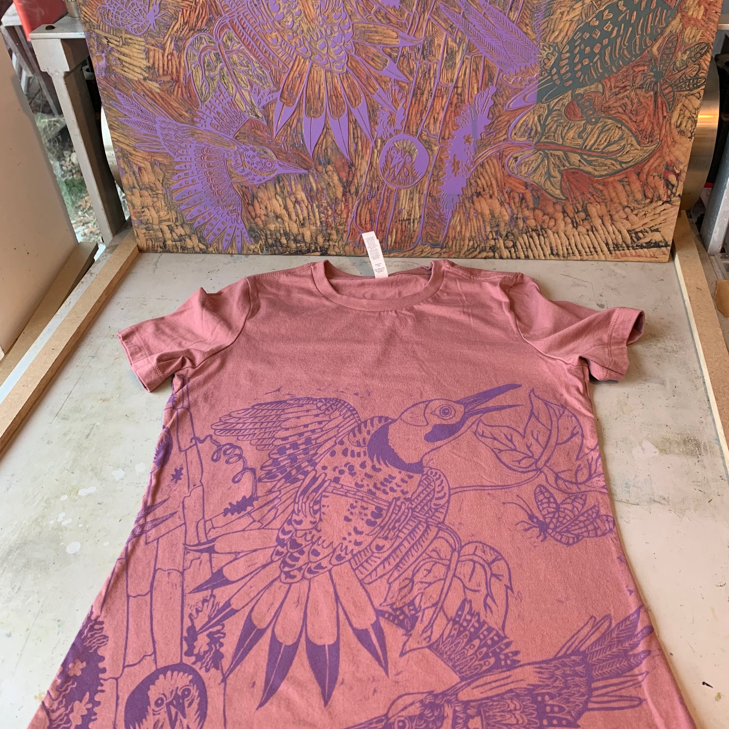 Handprinted northern flicker shirt pre-order will ship around April 20