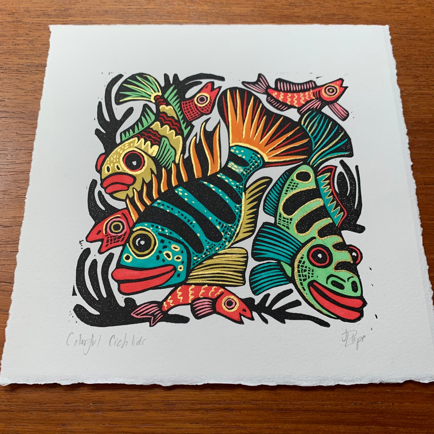 Colorful Cichlid inspired Linocut