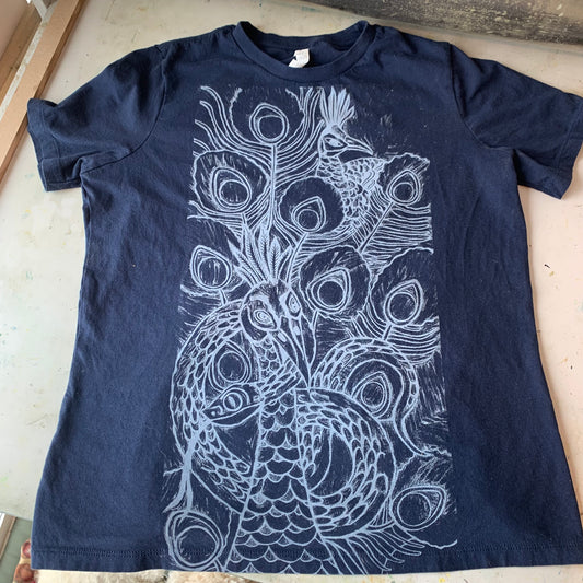 SECOND Blue size L handprinted peacock shirt