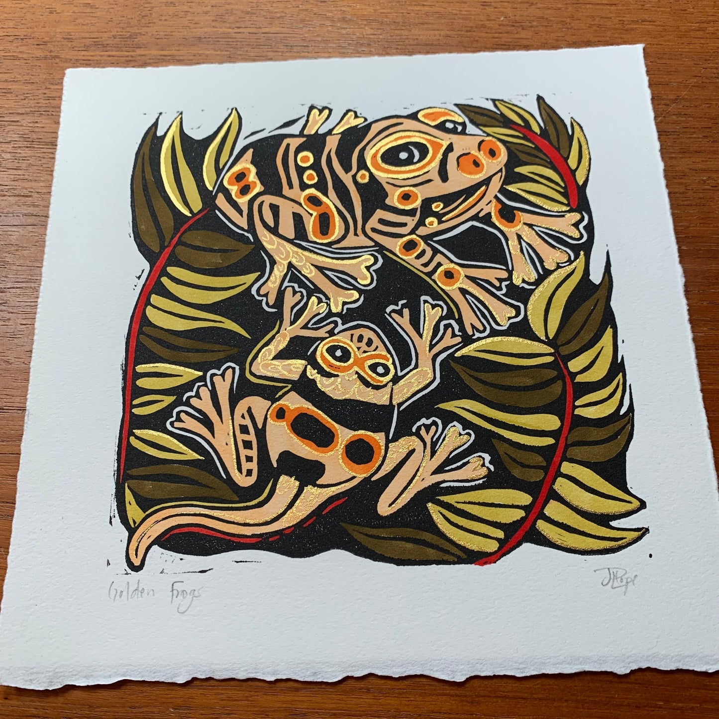 Handpainted yellow shiny frog linocut