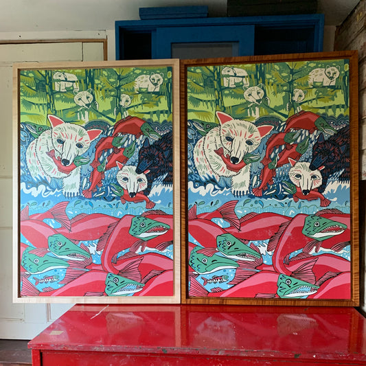 Spirit Bear woodcut framed in natural