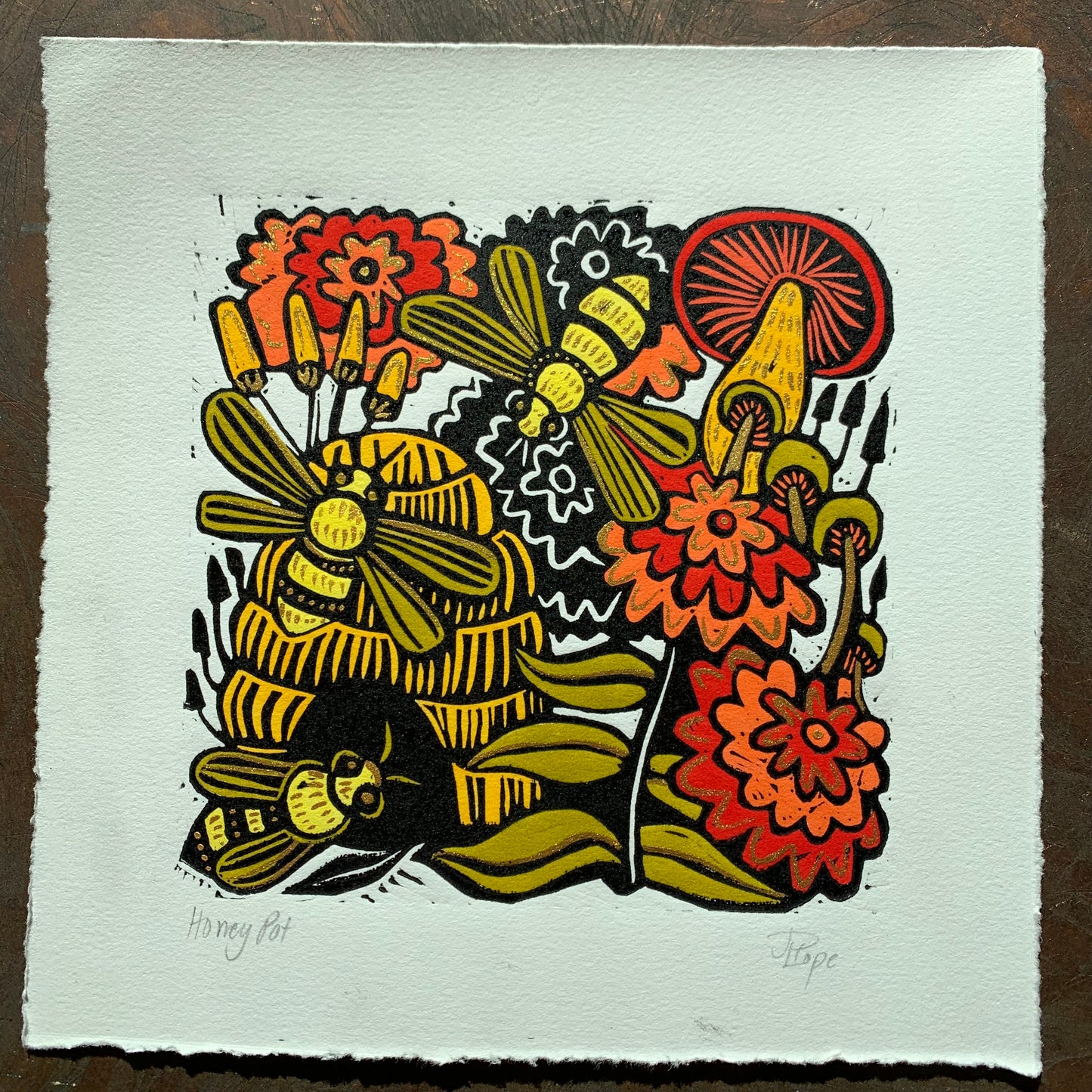 Bee and floral Linocut