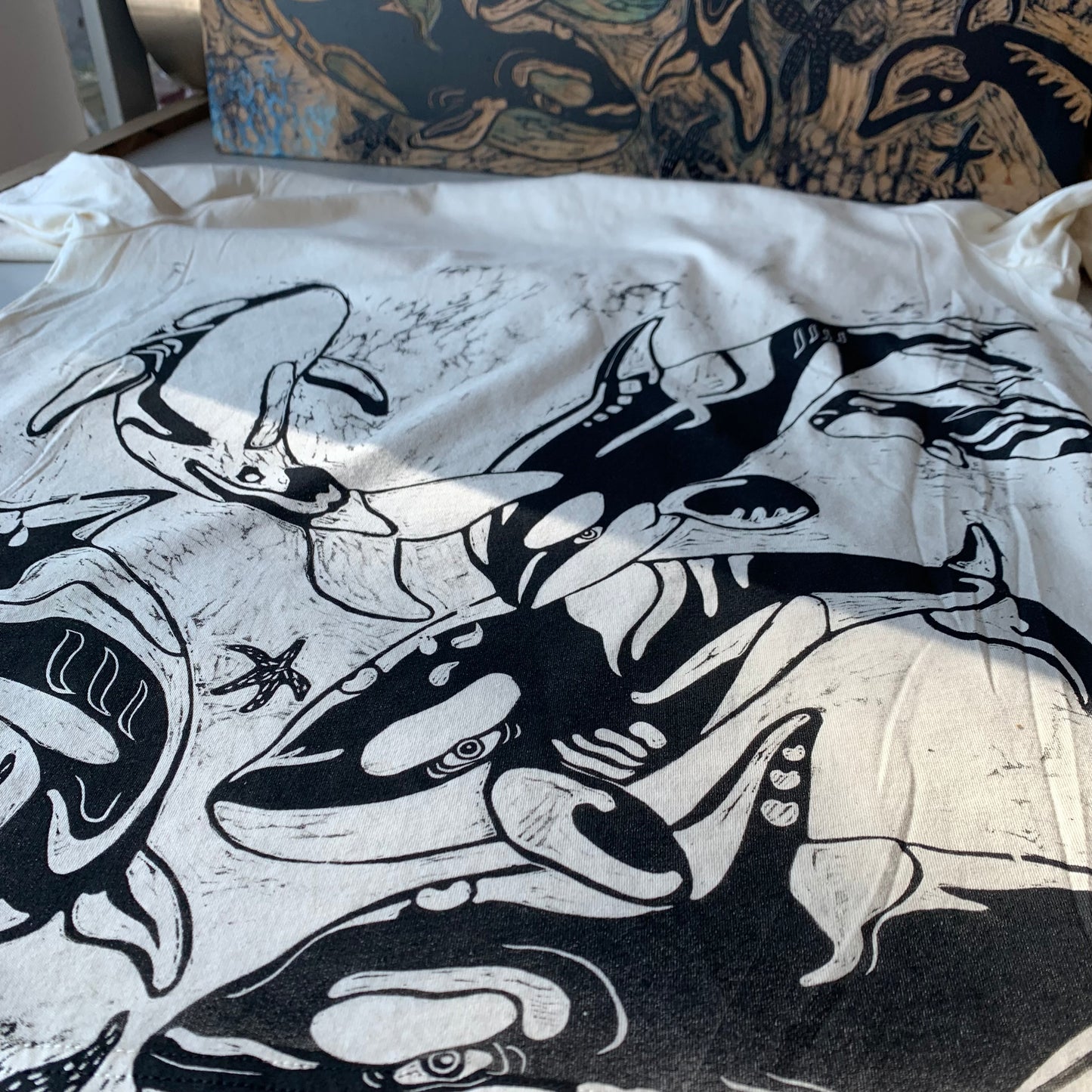 Handprinted orca shirt pre-order will ship around April 20