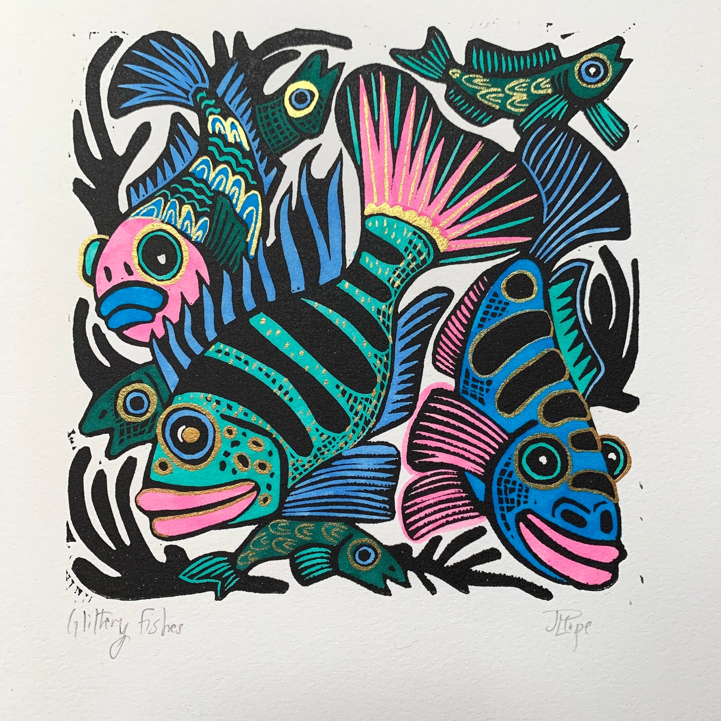 Cichlid inspired Linocut blue tones