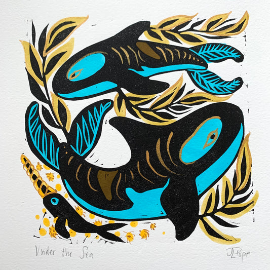 Kelp and orca linocut