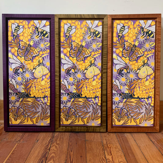 Aster and goldenrod woodcut framed in nutmeg natural curly maple