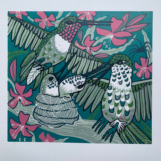 Hummingbird and spiderweb original woodcut