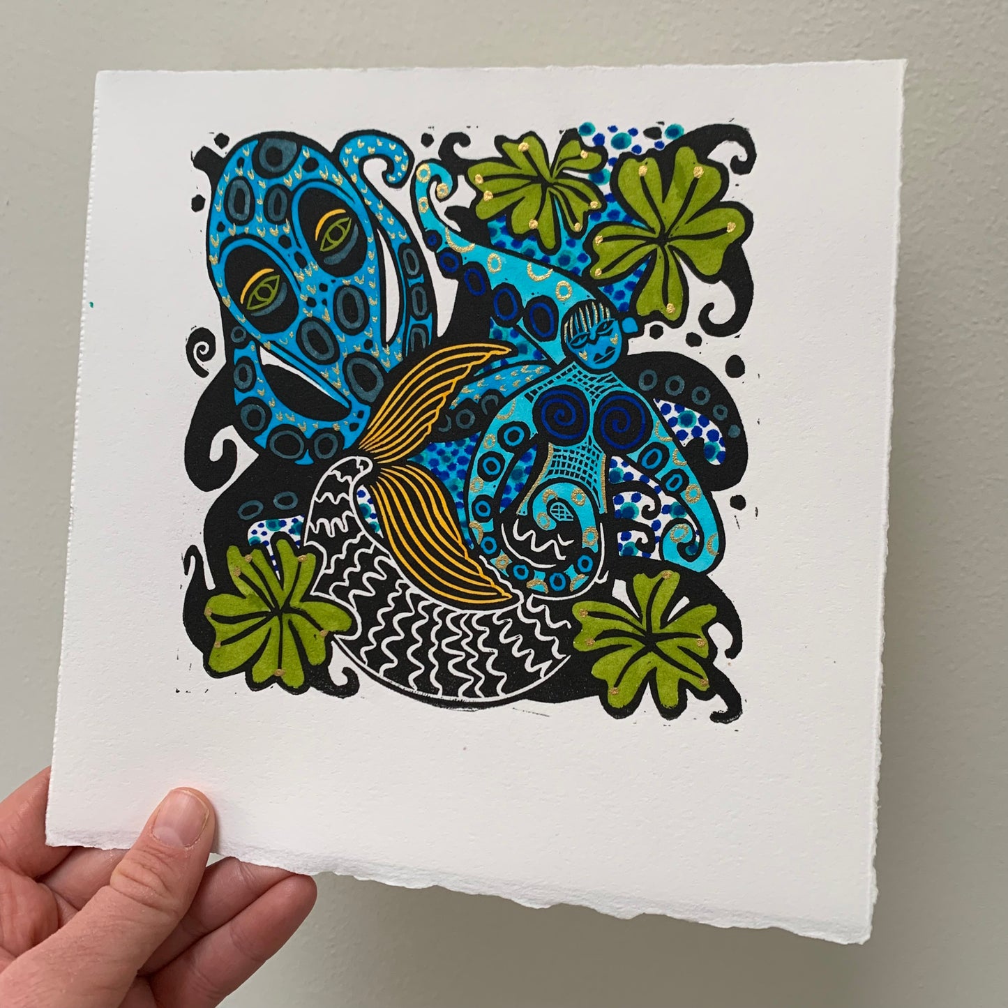 Very Blue Octopus and octoperson Linocut