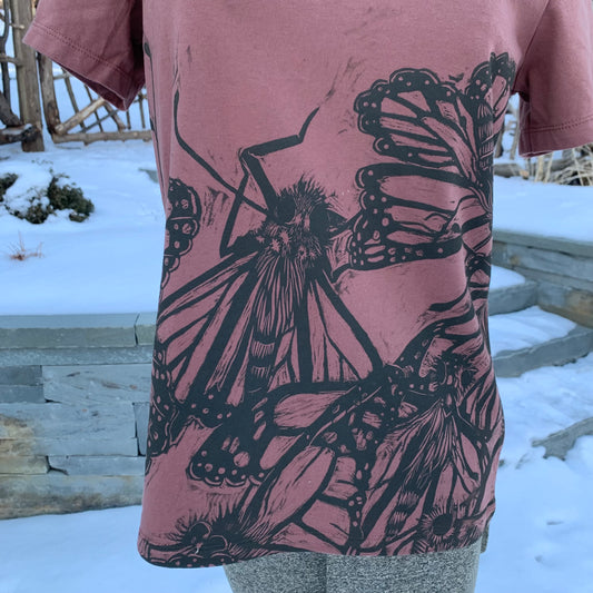 Handprinted monarch shirt pre-order will ship around April 20