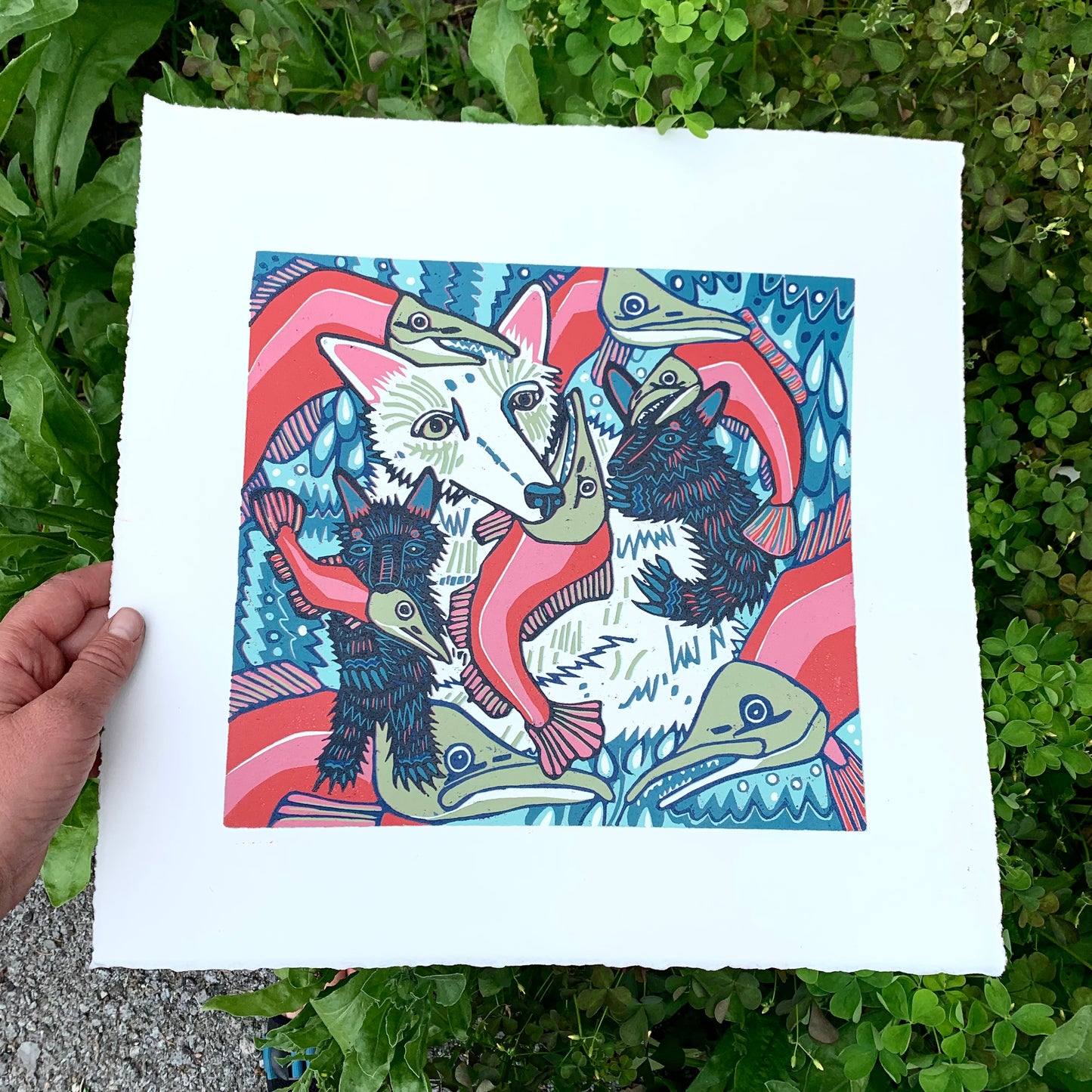 Spirit bear and sockeye salmon original woodcut