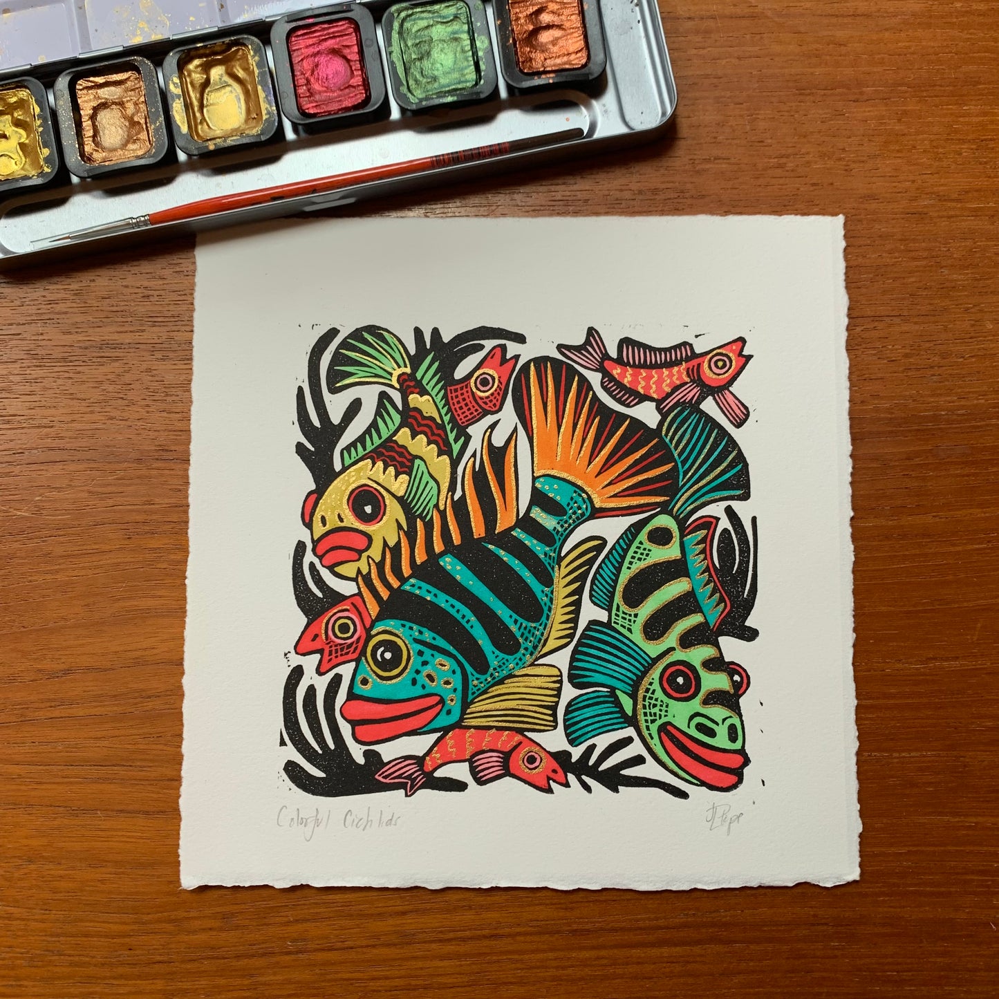 Colorful Cichlid inspired Linocut