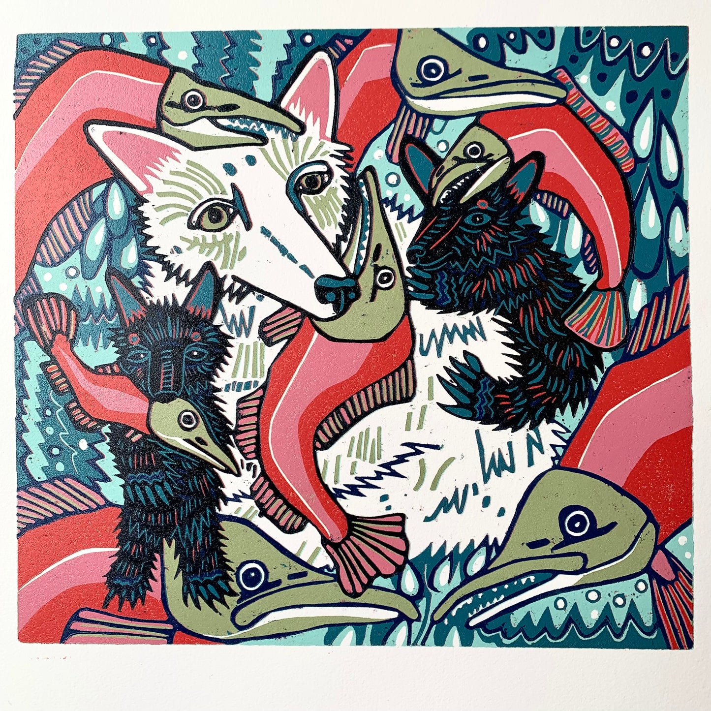 Spirit bear and sockeye salmon original woodcut