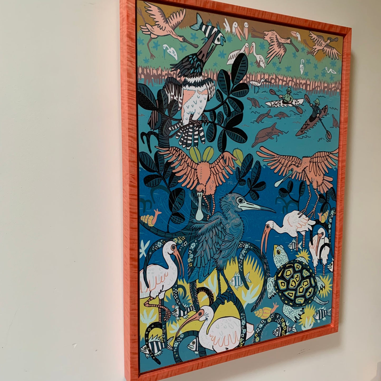 Please allow 8 weeks for delivery—Mangrove Homestead woodcut framed in pink