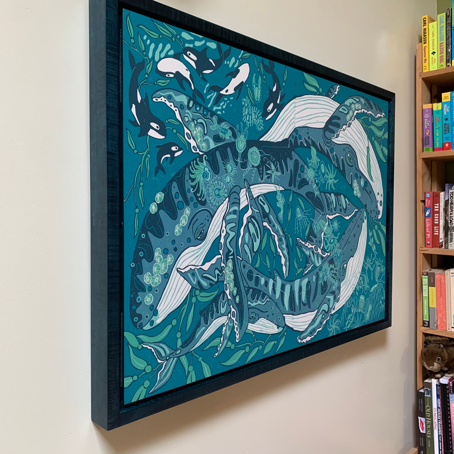 Humpback whale and woodcut framed in blue or natural