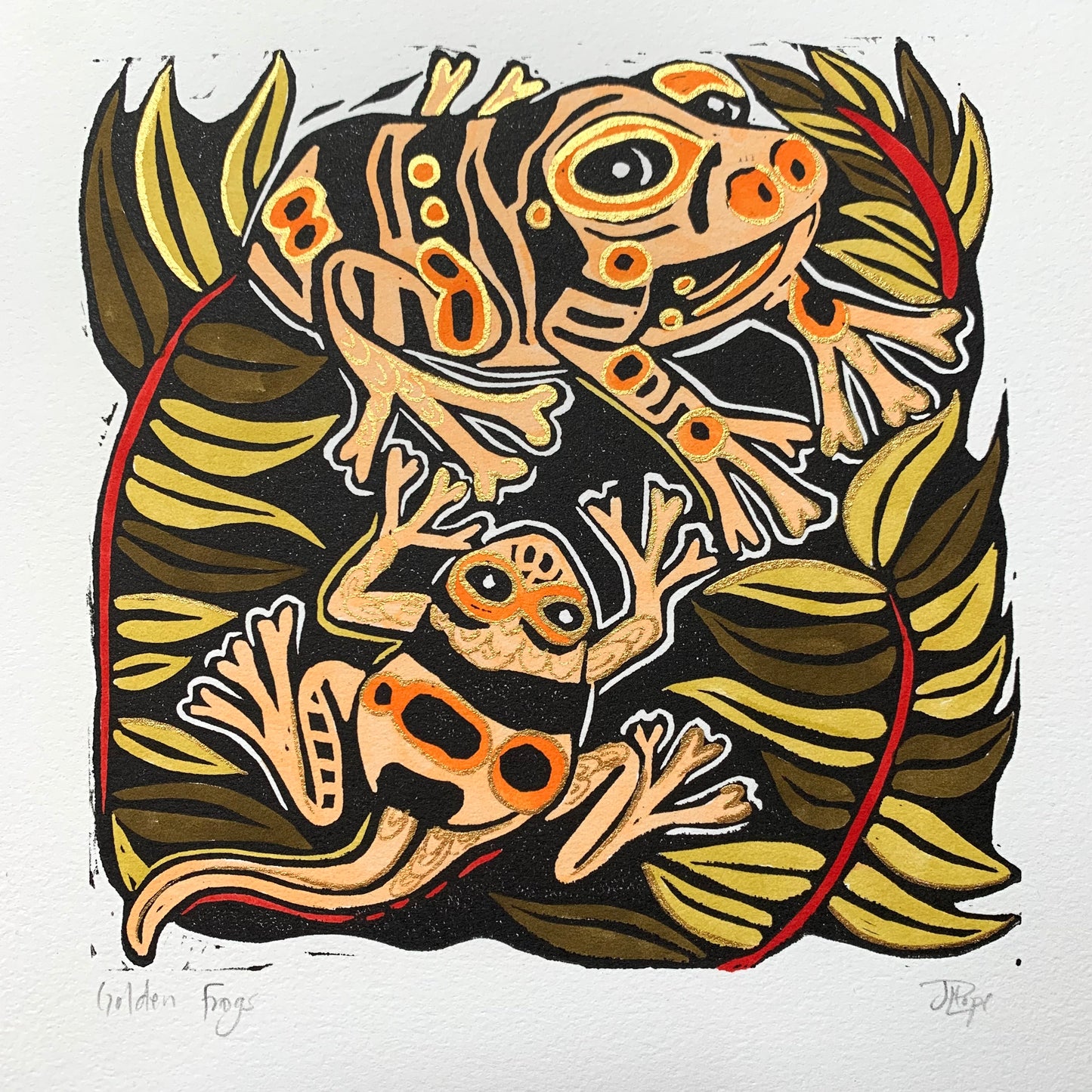 Handpainted yellow shiny frog linocut