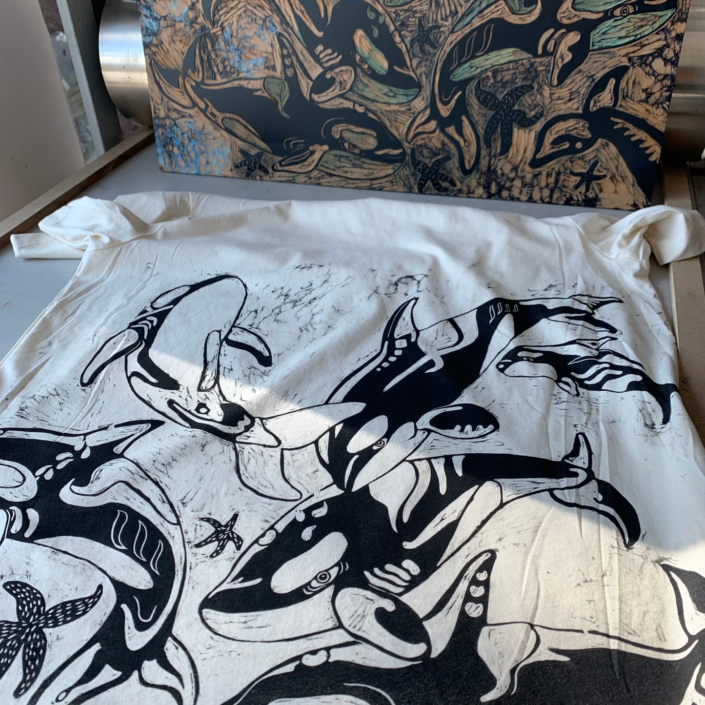 Handprinted orca shirt pre-order will ship around April 20