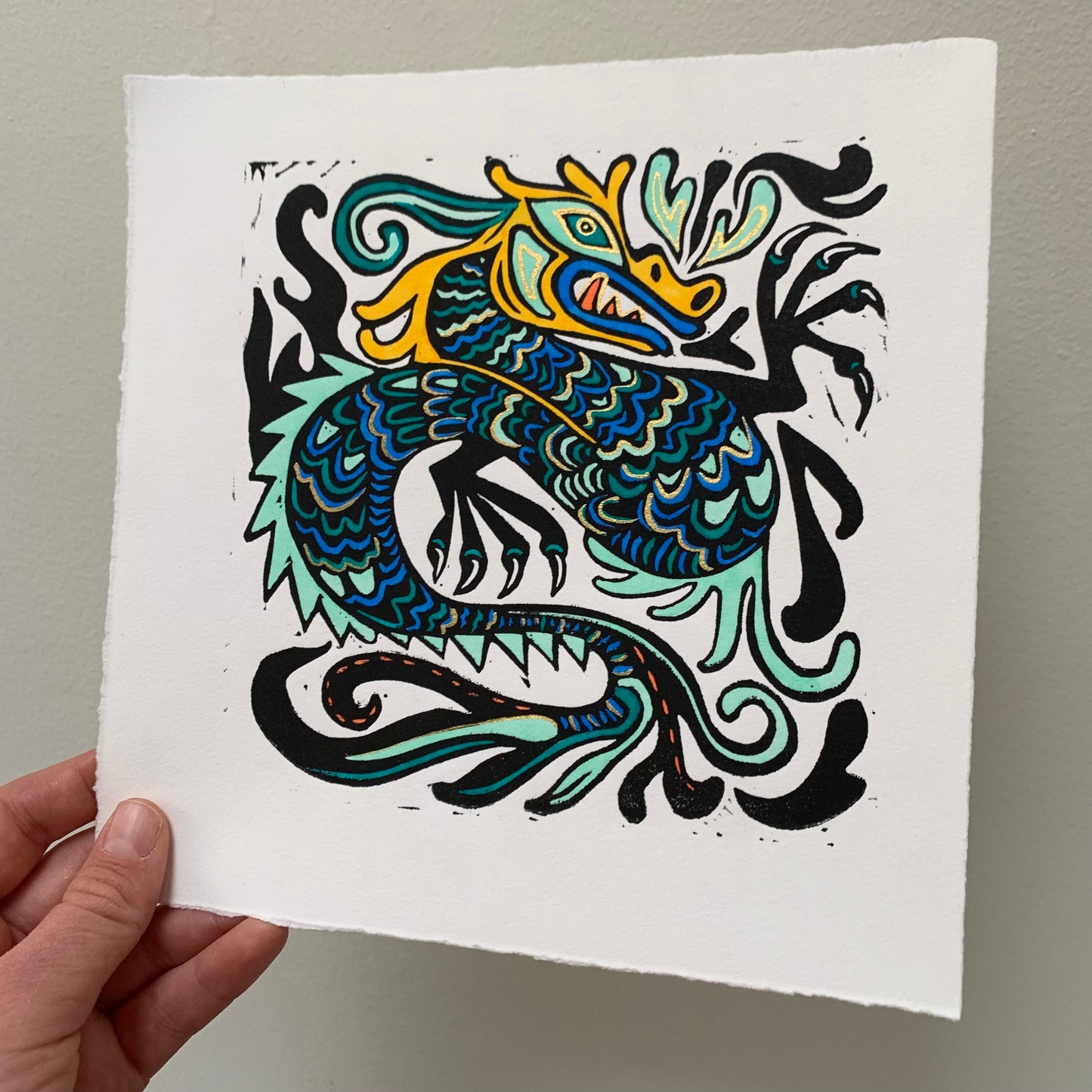 Blue Dragon Linocut