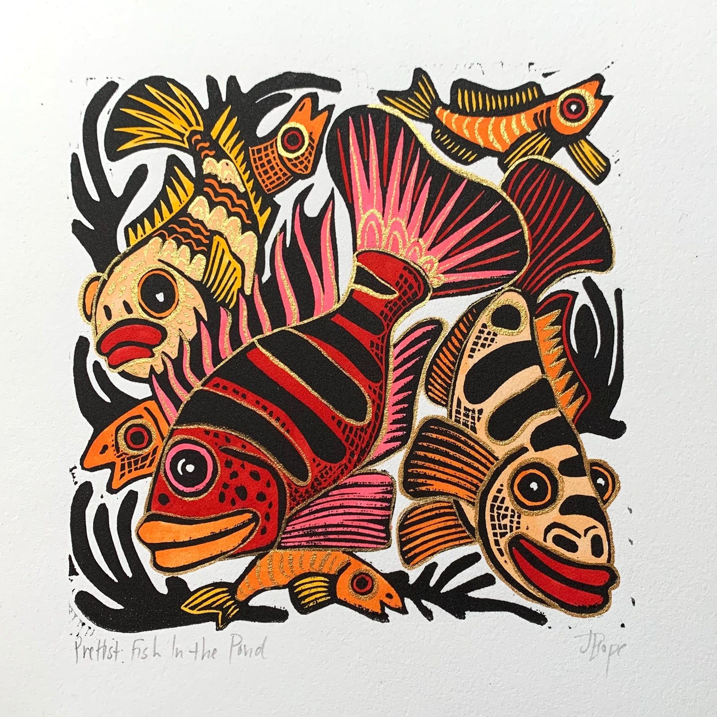 Cichlid inspired Linocut red and orange