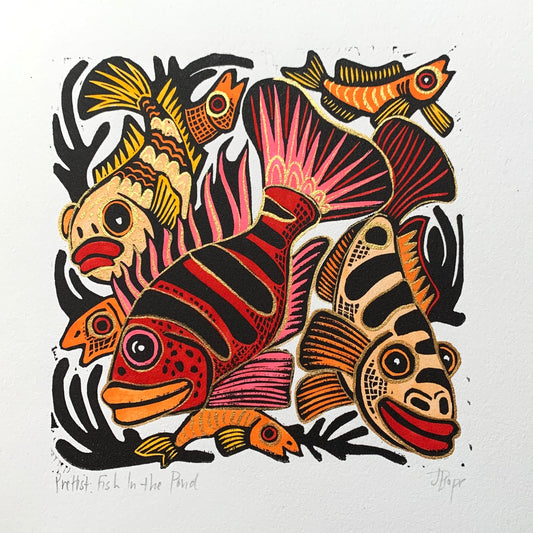 Cichlid inspired Linocut red and orange