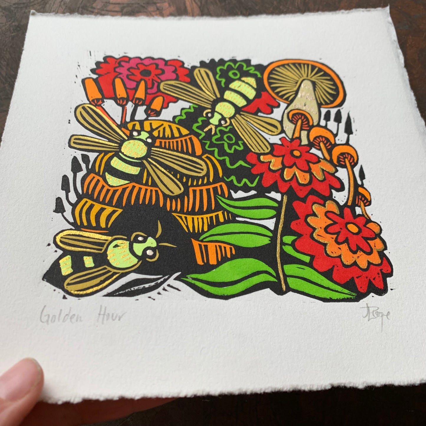 Bee and floral Linocut