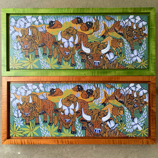 Bison and butterflies woodcut framed in natural curly maple